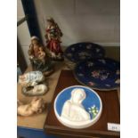 Ceramics including a small Continental religious relief plaque, set of Copeland lustre dishes, nativ