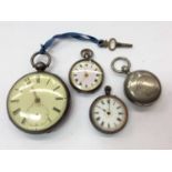 Silver cased Greenwich pocket watch, silver fob watch, one other and a plated sovereign case