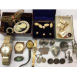 Costume jewellery including silver brooches, cased set of gold plated cufflinks and studs, three sil