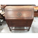 Oak bureau with two drawers and beaded decoration, 87cm, 41cm deep, 100cm high
