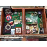 A small glass topped two drawer cabinet containing Royal Commemorative badges and pins