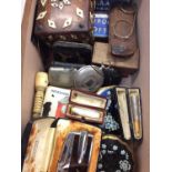 Box of sundries to include smoking related items, compacts, old spectacles, watch case etc