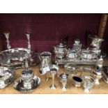 Selection of plated tea ware, sauce boat, sugar sifter, crusts and condiments, plus galleried tray a