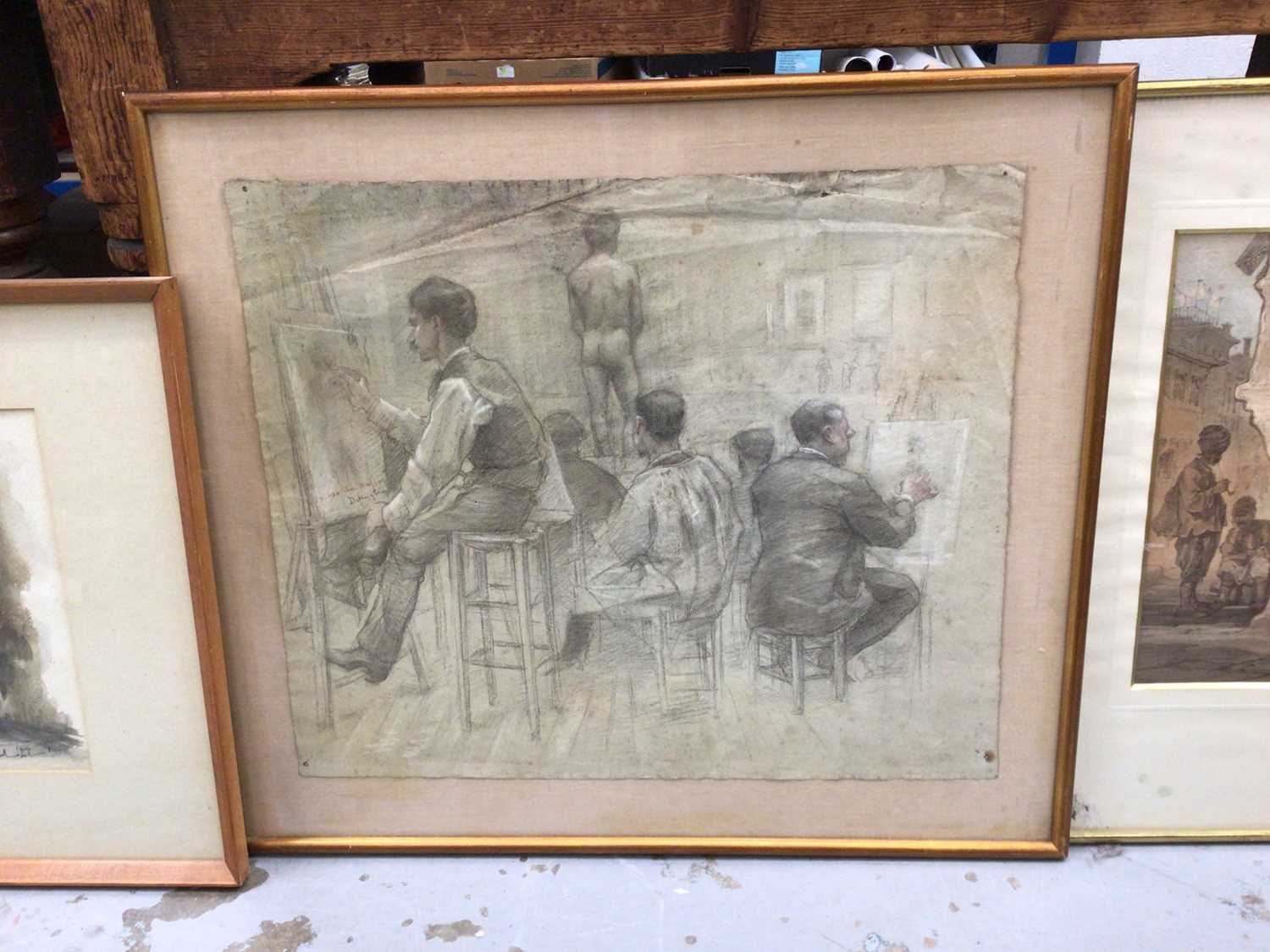 Late 19th century French chalk study of a life drawing class, a North African watercolour, and a pai - Image 3 of 4