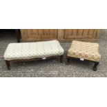Late 19th/early 20th century mahogany framed square footstool, on carved claw feet, together with an