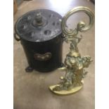 Good quality Victorian brass door stop, together with an art nouveau toleware coal box