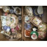 Two boxes of china and ornaments to include Crown Staffordshire porcelain vases with jewelled decora