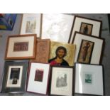 Group of small pictures and prints including religious icon and carved wood panel