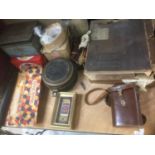19th century toleware spice box, binoculars in brown leather case, tripod, vintage hoover and sundri