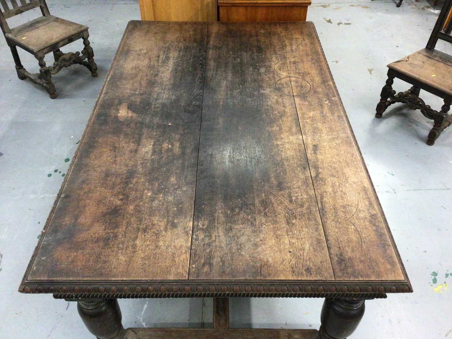 Late Victorian carved oak refectory style table on large bulbous turned legs H70, W186, D117cm toget - Image 6 of 10