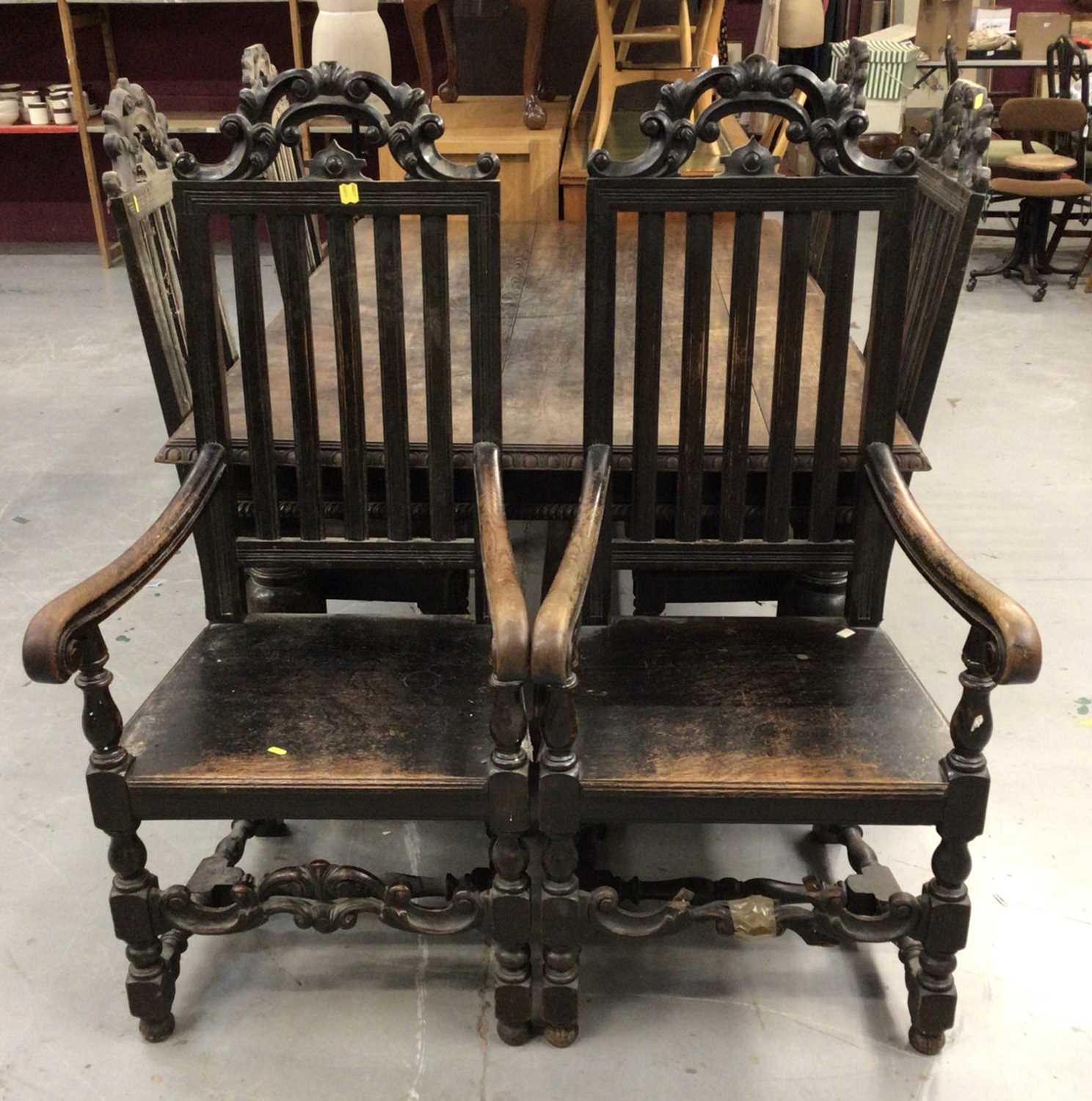 Late Victorian carved oak refectory style table on large bulbous turned legs H70, W186, D117cm toget - Image 10 of 10