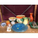 Dresden vase, pickle leaf dishes, Burleigh ware bird handle jug, blue glass bowl and other ceramics
