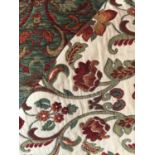Two Rolls of soft furnishing fabric, green, red and cream chenille brocade. 26m x 140cm approximatel