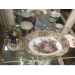 Meissen style basket, Derby figure of the tailor, Sampson armorial cup, imari cup and saucer and ano