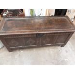 Eighteenth century oak coffer with panelled front, 144cm wide, 51cm deep, 63cm high