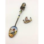 White metal and enamel Egyptian souvenir spoon and sailing boat brooch