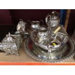 Selection of plated tea ware, circular tray, pewter measures and various cutlery boxes and flatware