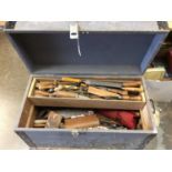 Large grey painted wooden tool box containing quantity of old hand tools
