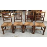 Set of four 19th century style Lancashire spindle back chairs with rush seats on turned legs and str