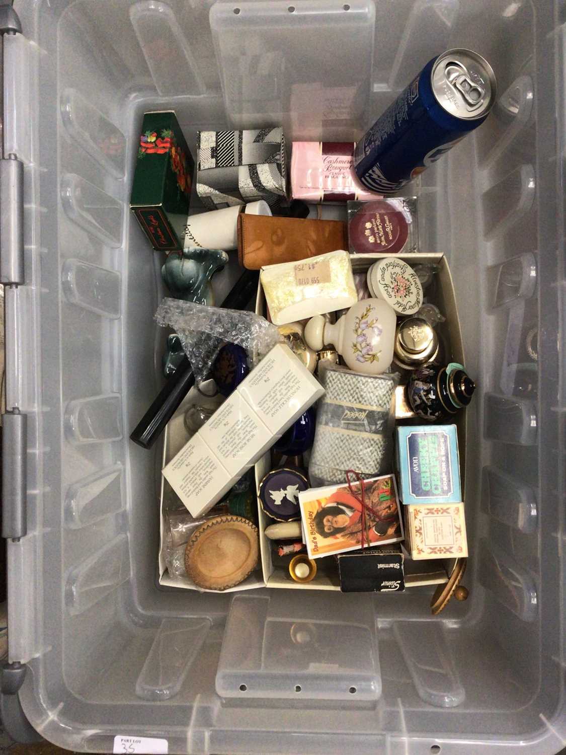 Three boxes of sundries, including lace, silver plate, vintage toiletries, scales, et - Image 2 of 4