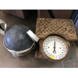 Solid lead model football weighing approximately 9 stone, together with a pair of vintage weighing s