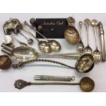 Various silver and white metal spoons, silver pencil, thimbles etc