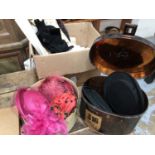 A box of linen, together with vintage pairs of kid gloves, three vintage ladies hats in a Scott's ha