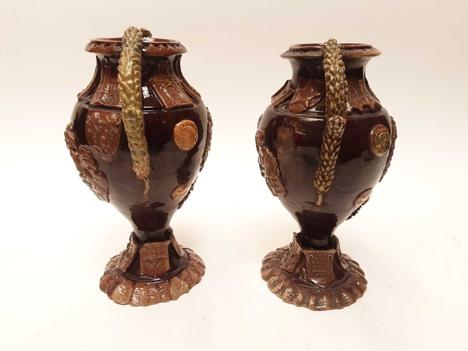 Pair of Castle Hedingham Edward Bingham brown glazed twin handled pottery vases, 28cm high - Image 4 of 5