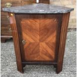 19th century Continental rosewood and kingwood corner cupboard, with marble top (broken), inlaid pan