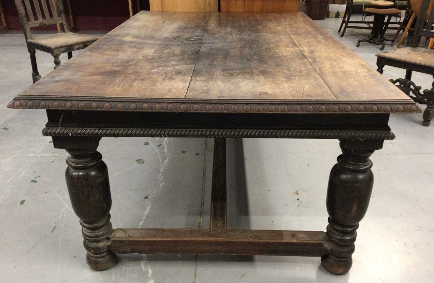 Late Victorian carved oak refectory style table on large bulbous turned legs H70, W186, D117cm toget - Image 5 of 10