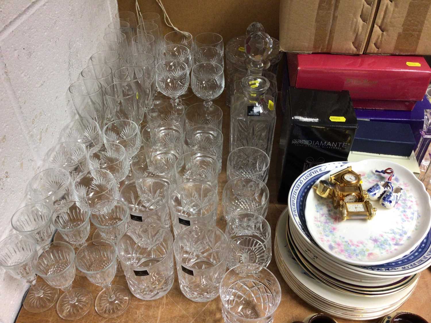 Group cut glassware including Royal Doulton, Edinburgh Crystal, various tea ware, decorative plates