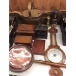 Selection of wooden boxes, two brass miners lamps, brass watering, copper warming pan and an Anderoi