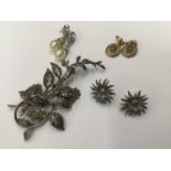 Large silver and marcasite floral spray brooch, pair of silver and marcasite flower earrings, and tw