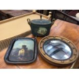 19th century toleware tray painted with a house and castle, a further toleware oval box painted with