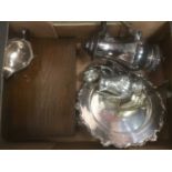Small collection of silver plate items including bone handles oak cased cutlery set, circular tray a