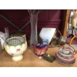 Sundry items, including two brass ceiling lights, china and glass
