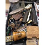 Silver mounted glass jars and scent bottle, Mauchline ware box, penknife and other items of virtu