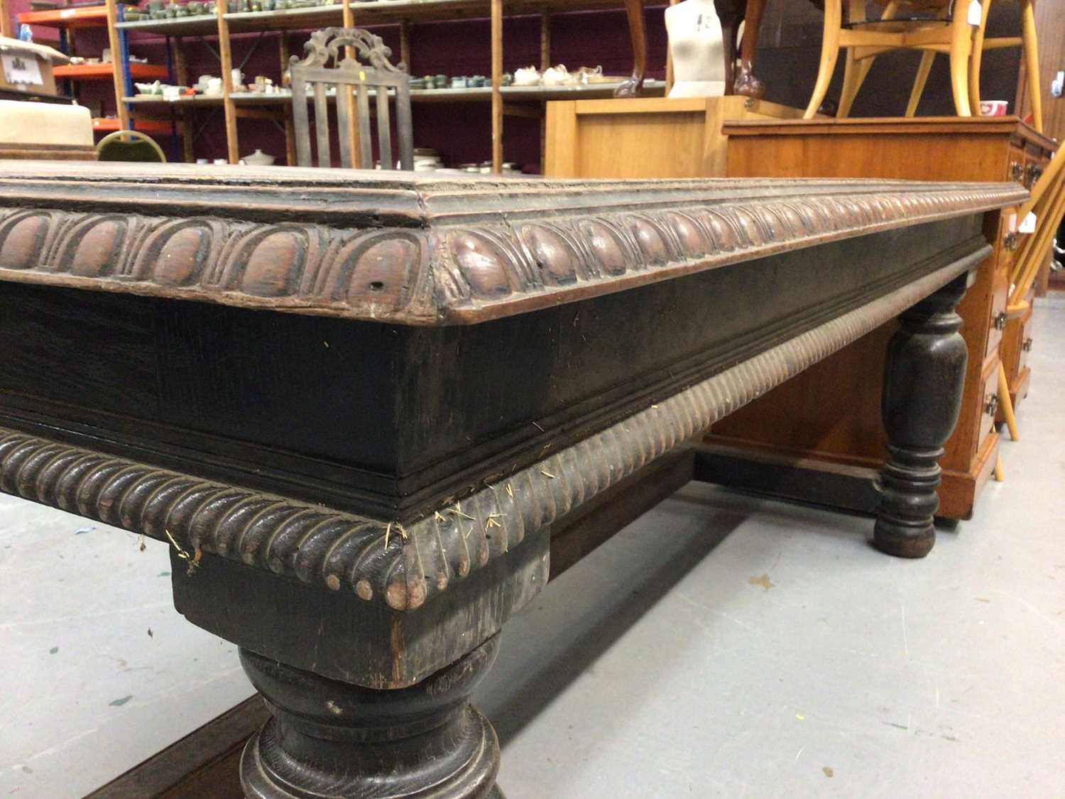 Late Victorian carved oak refectory style table on large bulbous turned legs H70, W186, D117cm toget - Image 7 of 10