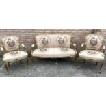 French giltwood sofa and pair of matching open elbow chairs, sofa is 138cm wide