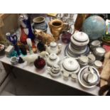 Sundry glass and china, including Royal Doulton Sherbrooke pattern, a Mike Hinton cat, etc