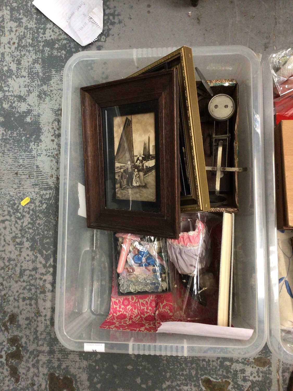 Three boxes of sundries, including lace, silver plate, vintage toiletries, scales, et - Image 4 of 4