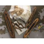 Three antique treen knitting sheaths, together with three shuttles and collection of lacework and ot