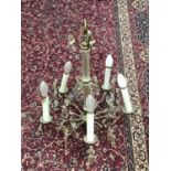 Brass chandelier with prismatic glass drops (several drops loose), total height 53cm