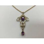 Edwardian style 9ct gold amethyst and seed pearl pendant on chain
