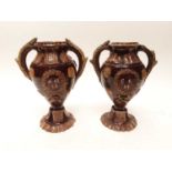Pair of Castle Hedingham Edward Bingham brown glazed twin handled pottery vases, 28cm high