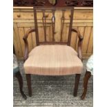 Georgian mahogany open elbow chair with upholstered seat, set of three Victorian balloon back chairs
