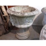 Large concrete garden planter with classical decoration on pedestal base, 55cm diameter, 62cm high