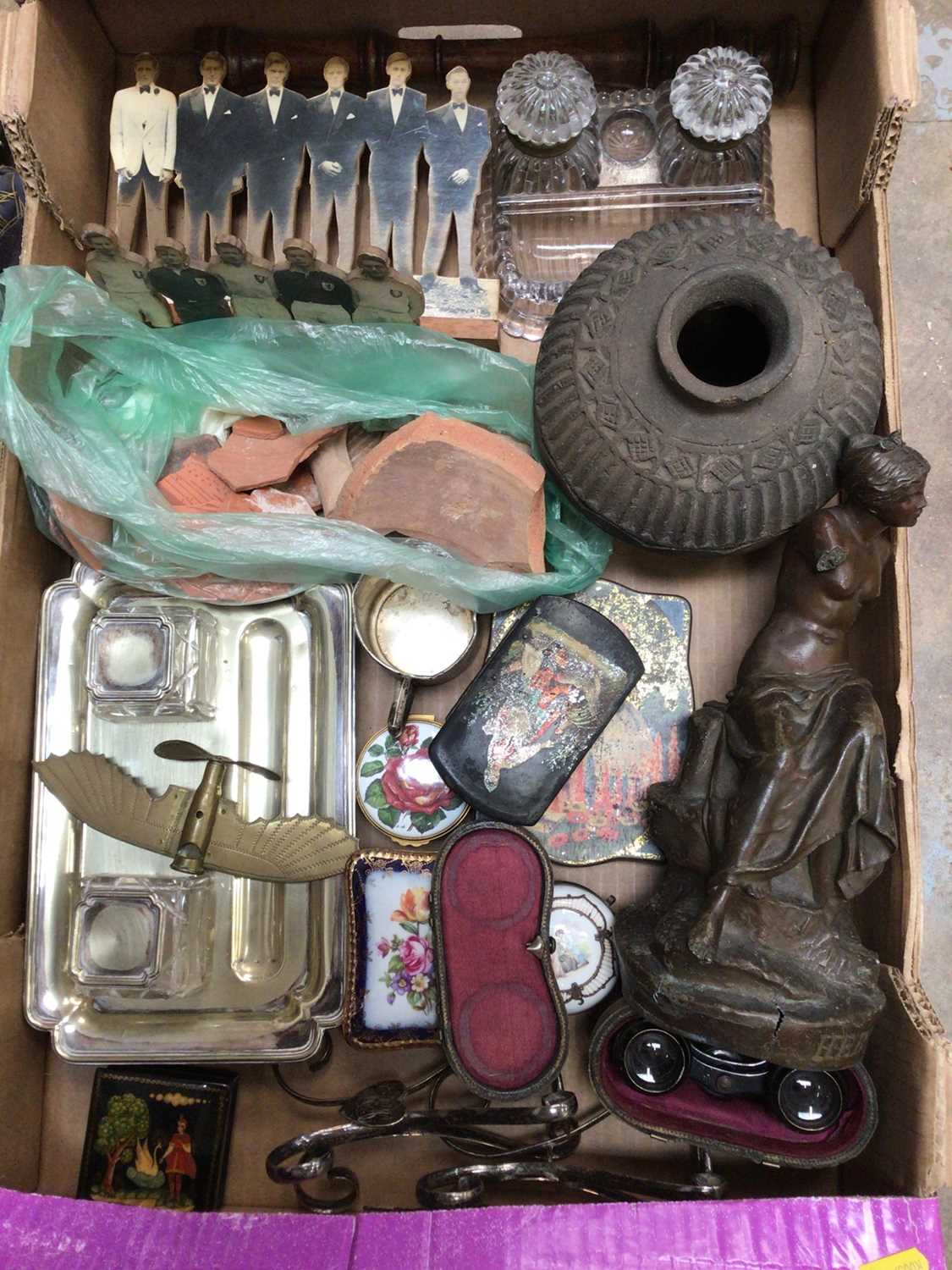 Box of sundry items, including a 19th century spelter figure of Hebe, ancient pottery vessel and fra - Image 2 of 3