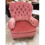 Victorian buttoned back armchair on turned legs with ceramic castors and a Victorian side chair on t