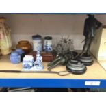 Pair of spelter figures, cermics, toasting fork etc